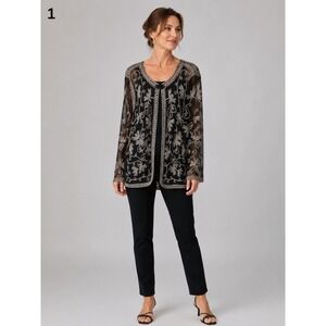 Vintage I.S.C. Floral Sheer Top XL Black Gold Embroidered Witchy‎ Whimsigoth